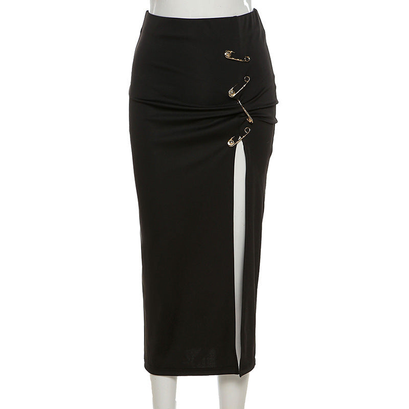 Edgy High Waisted Slim Fit Black Midi Skirt with Daring Side Slit and Safety Pin Detail
