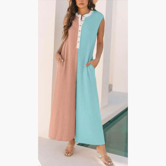 Comfortable Sleeveless Wide Leg Color Block Jumpsuit for Casual Everyday Wear