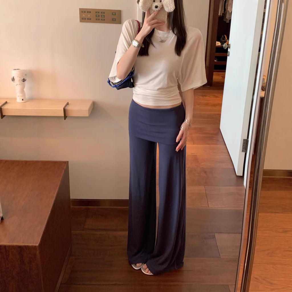 Chic Cotton Wide Leg Pants with Fold-Over Waist - Loose & Casual