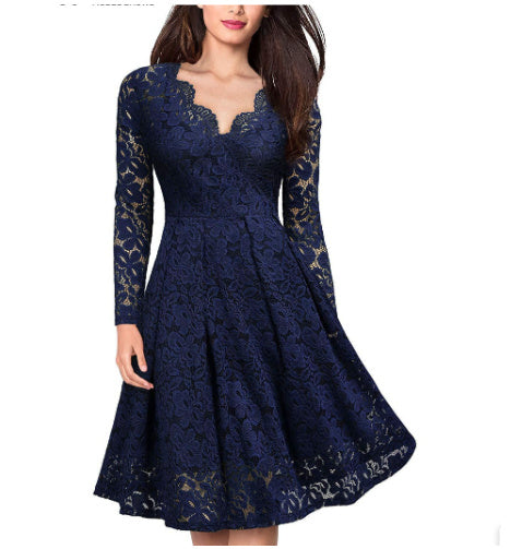 Elegant Lace V-Neck Long Sleeve Midi Dress for Evening & Party Wear