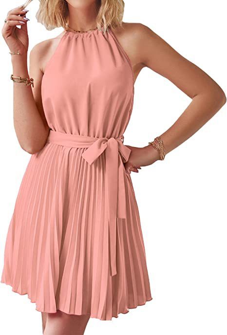 Women's Halter Pleated Dress - Lace-up Cocktail Mini