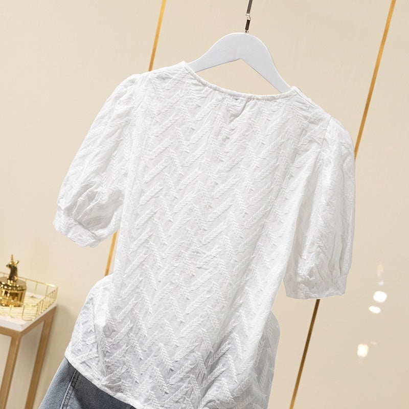 Chic Cotton Embroidered Puff Sleeve Blouse - V-Neck Ladies Top