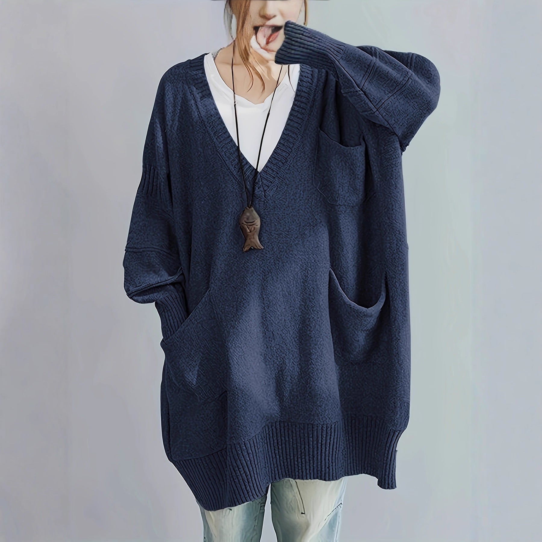 Comfortable Loose Fit V Neck Long Sleeve Pullover Sweater with Pockets
