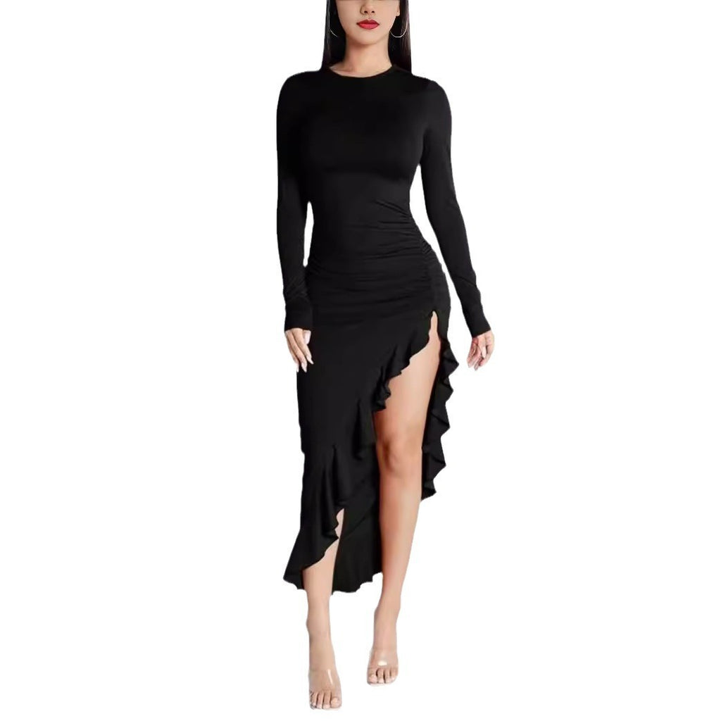 Elegant Round Neck Long Sleeve Ruched Ruffled Slit Bodycon Midi Dress