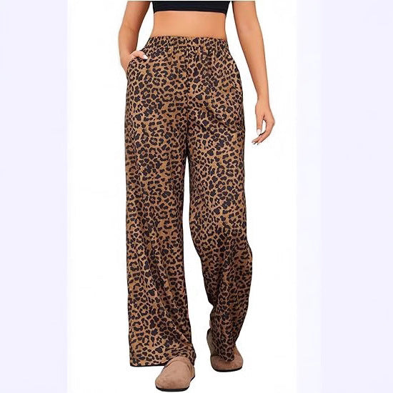 Chic Leopard Print Elastic Waist Wide Leg Trousers for Effortless Style