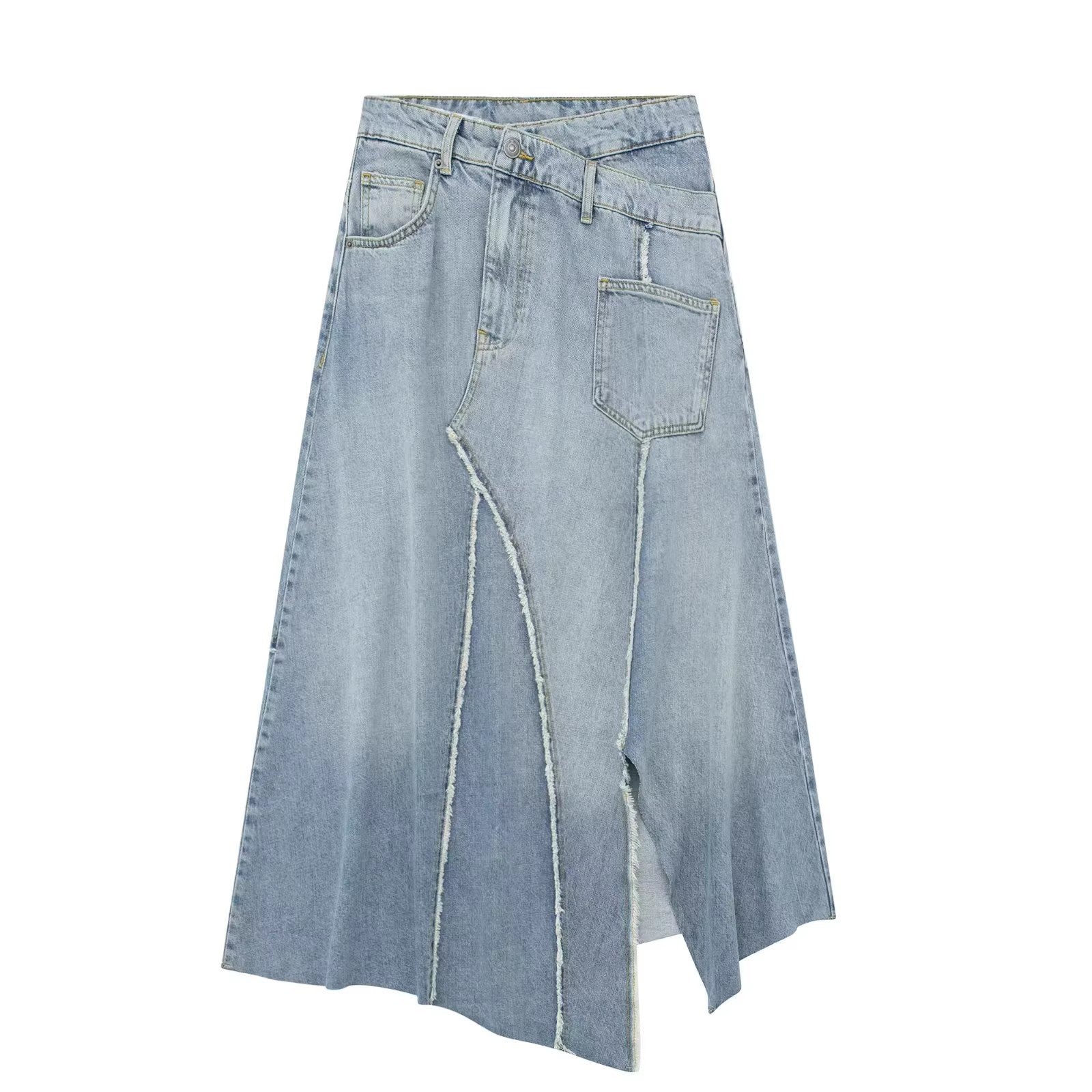 Trendy Asymmetric Faded Denim Midi Skirt with High Waist