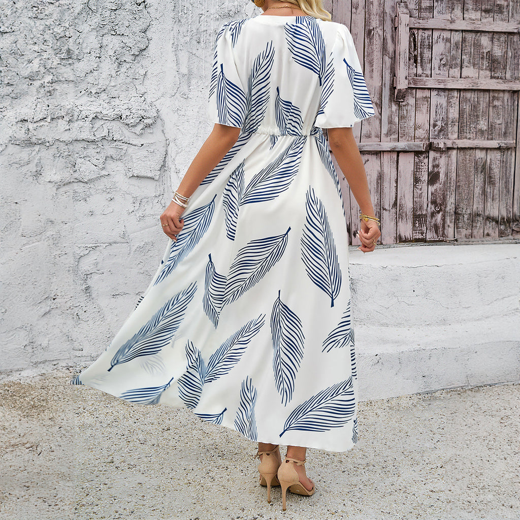 Elegant Tropical Leaf Print Short Sleeve Collared Midi A Line Dress for Summer Vacations