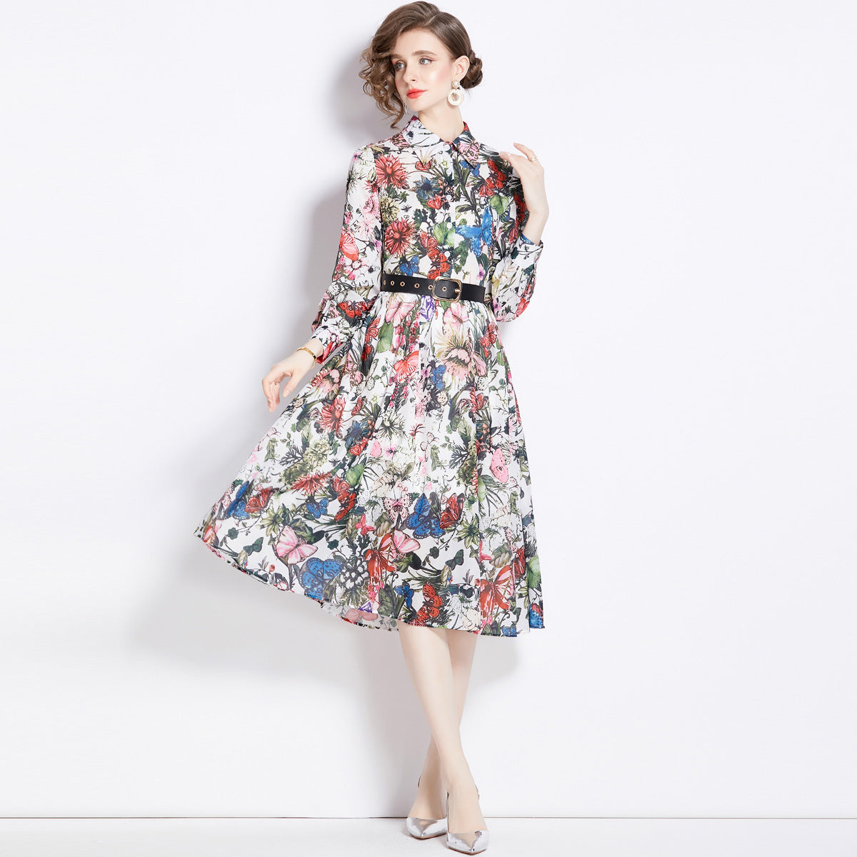 Elegant Floral Print Long Sleeve Button Down Midi Shirt Dress with Belt