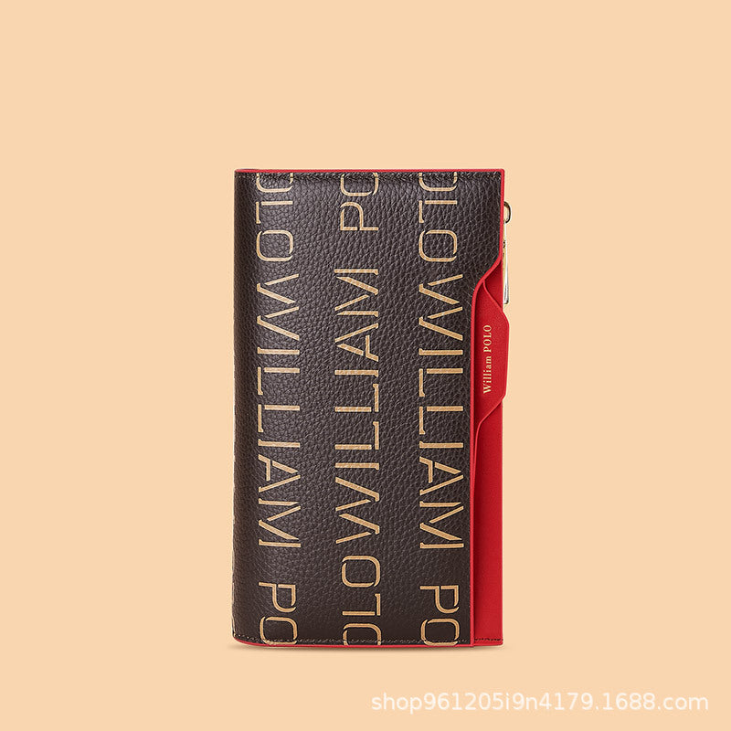 Elegant Genuine Cowhide Leather Wallet with Stylish Monogram Print and Wrist Strap