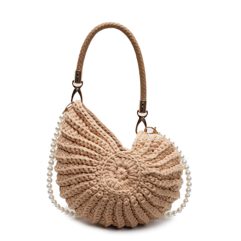 Handmade Woven Shell Handbag with Pearl Strap Unique Crochet Shoulder Bag