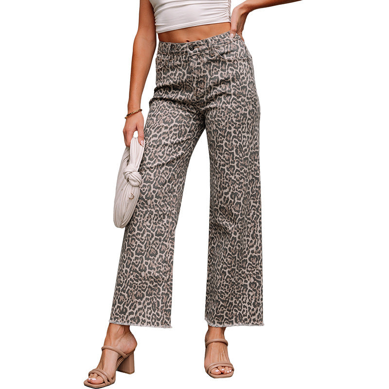 Women's High Waist Leopard Print Frayed Wide Leg Jeans