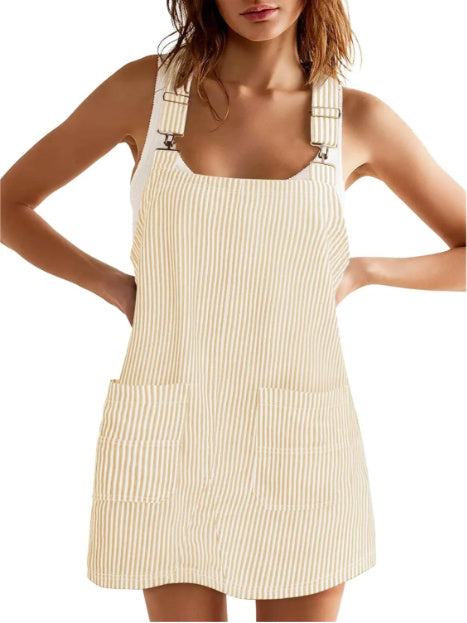 Chic Striped A-Line Pinafore Dress with Adjustable Straps and Pockets