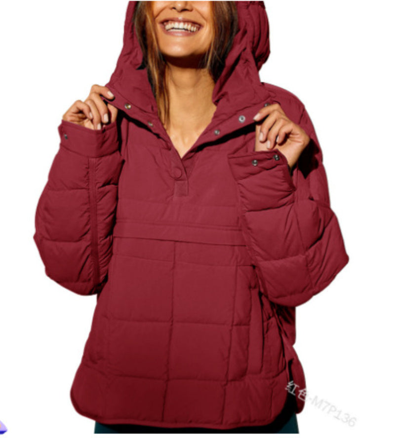 Relaxed Fit Quilted Hooded Long Sleeve Pullover Snap Button Top