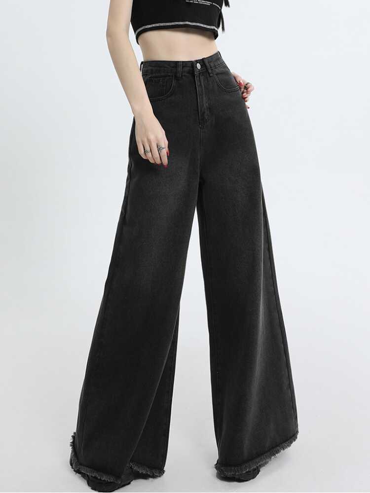 Women's High Waist Wide Leg Jeans - Retro Raw Hem Style