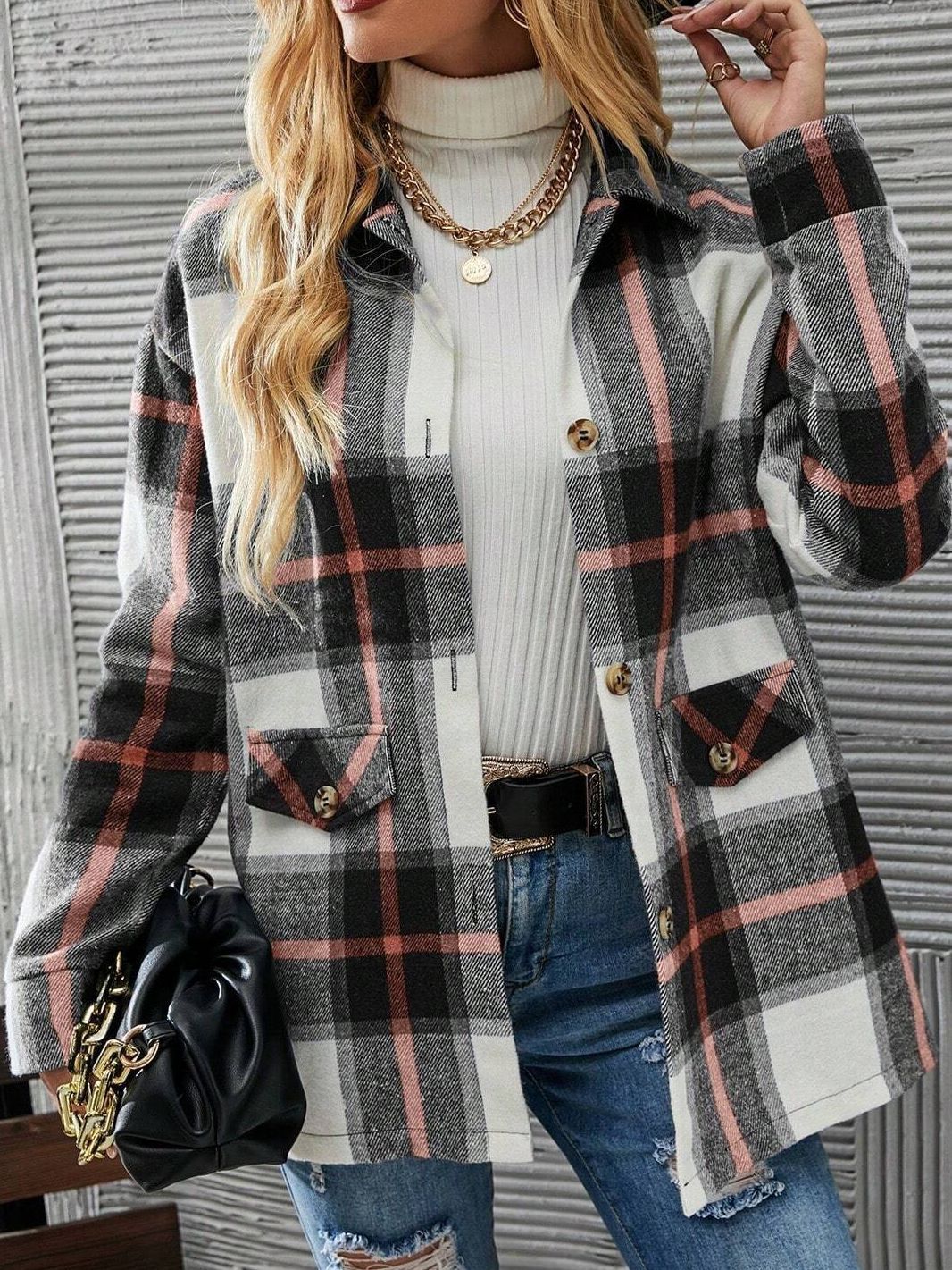 Stylish Loose Fit Plaid Button-Up Long Sleeve Shacket for Autumn