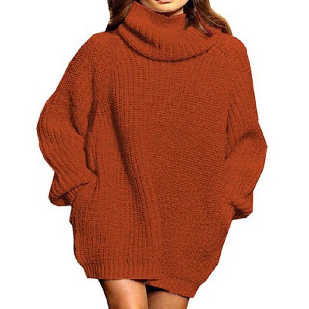 Cozy Oversized Long Sleeve High Neck Knit Sweater Dress with Convenient Pocket