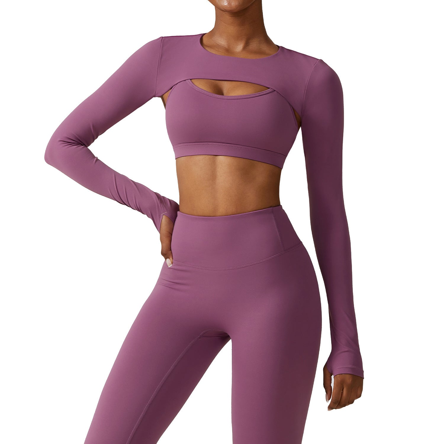 Women's Comfortable Long Sleeve Cutout Crop Top and High Waist Yoga Leggings Two Piece Workout Set