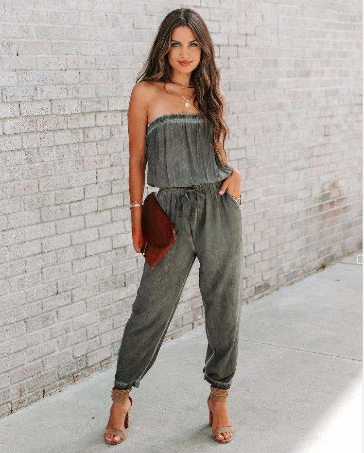 Chic Bandeau Strapless Cotton Blend Jumpsuit with Drawstring Waist and Pockets for Effortless Style