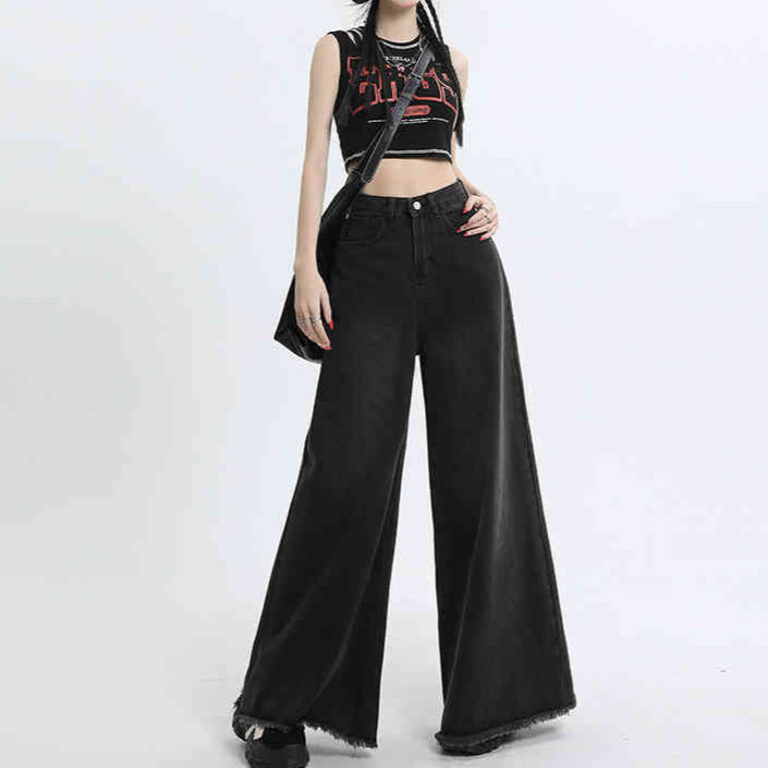 Women's High Waist Wide Leg Jeans - Retro Raw Hem Style