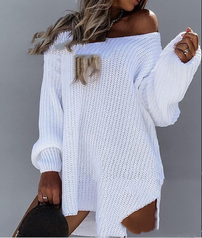 Comfortable Off-Shoulder Knitted Sweater Dress with Long Sleeves and V-Neck