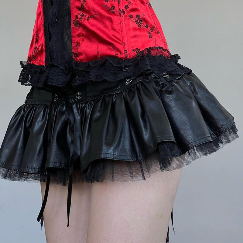Lace Up Pleated Faux Leather Mini Skirt with Tulle Trim