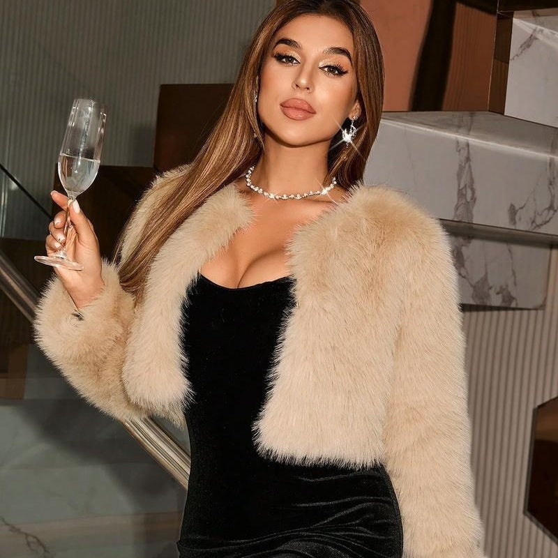 Chic Faux Fur Crop Jacket Long Sleeves Stylish Winter Outerwear