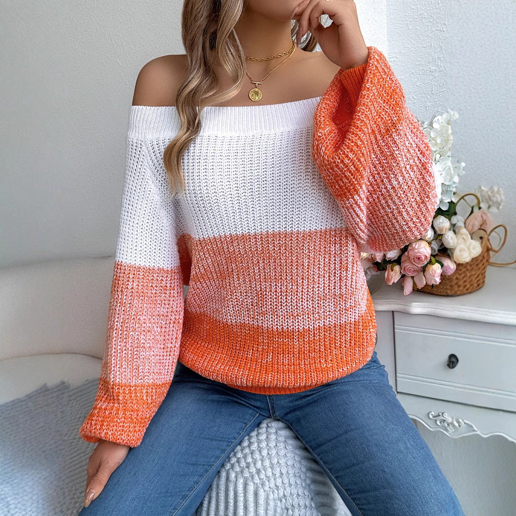 Casual Multicolor Striped Off The Shoulder Knit Sweater