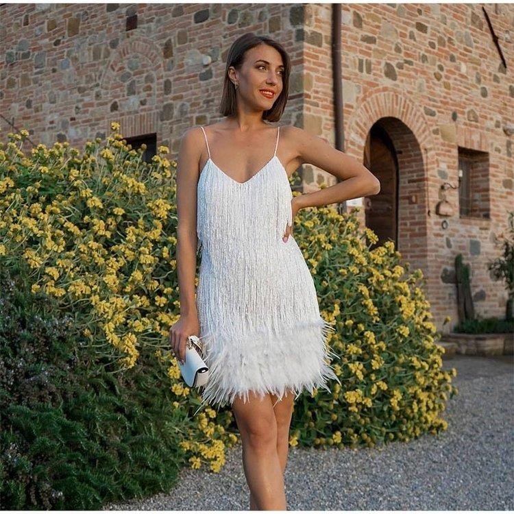 Glamorous Sequin Feather Mini Party Dress - V-Neck Spaghetti Strap