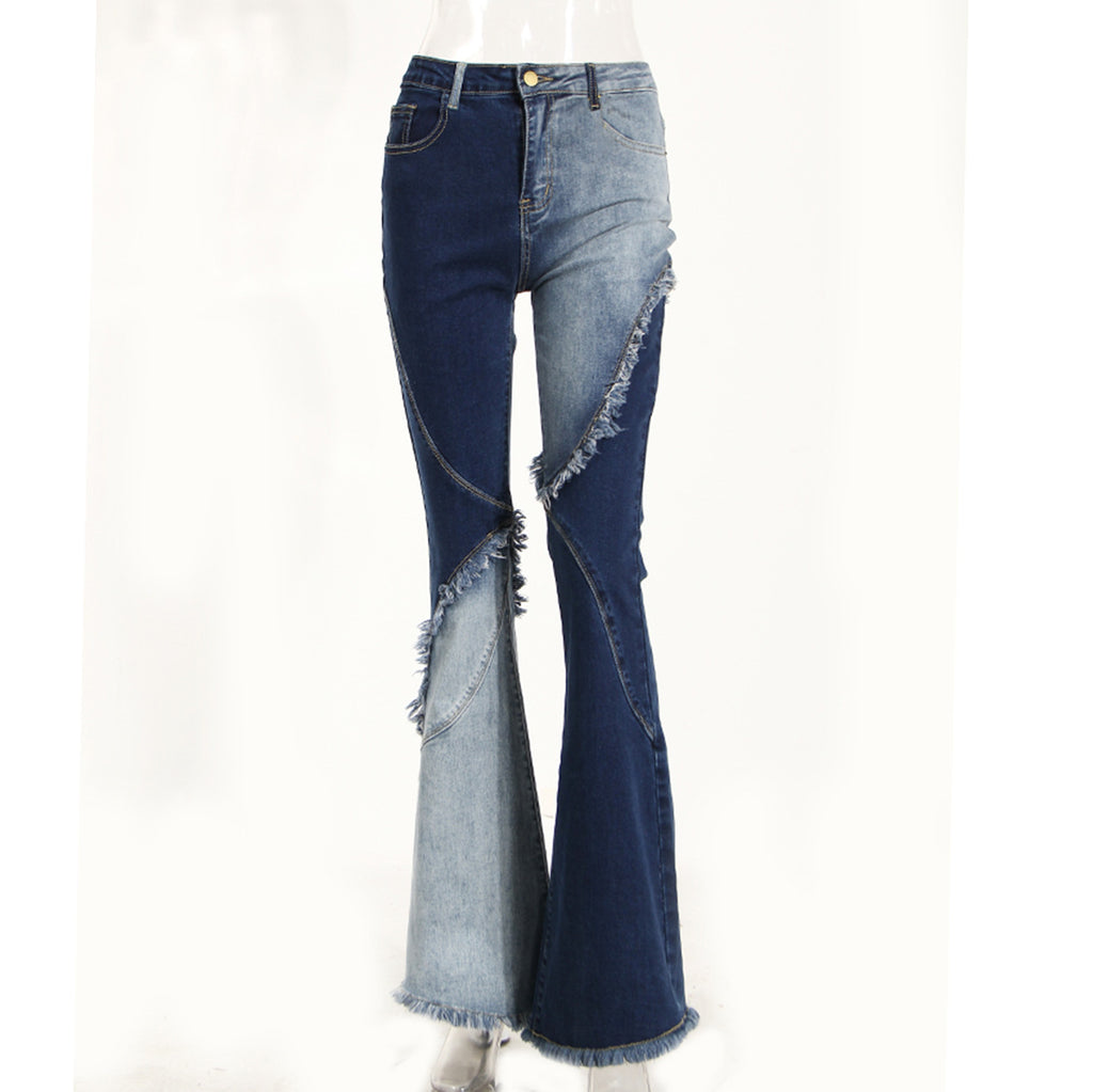 Two-Tone Flared Denim Jeans - High Waist Raw Edge