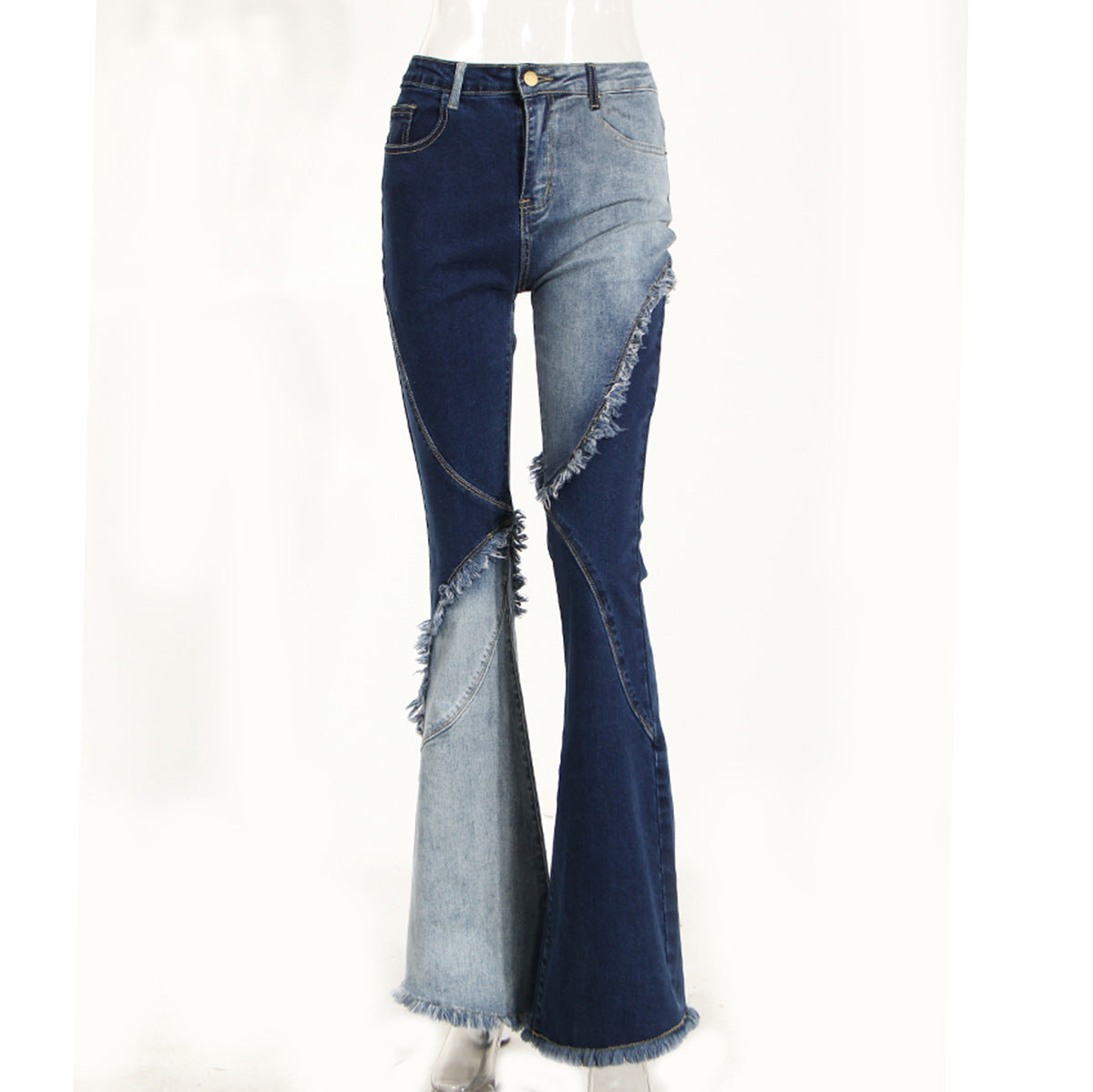 Two-Tone Flared Denim Jeans - High Waist Raw Edge