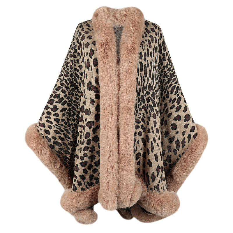 Cozy Leopard Print Faux Fur Trim Autumn Winter Kimono Style Cape Cardigan