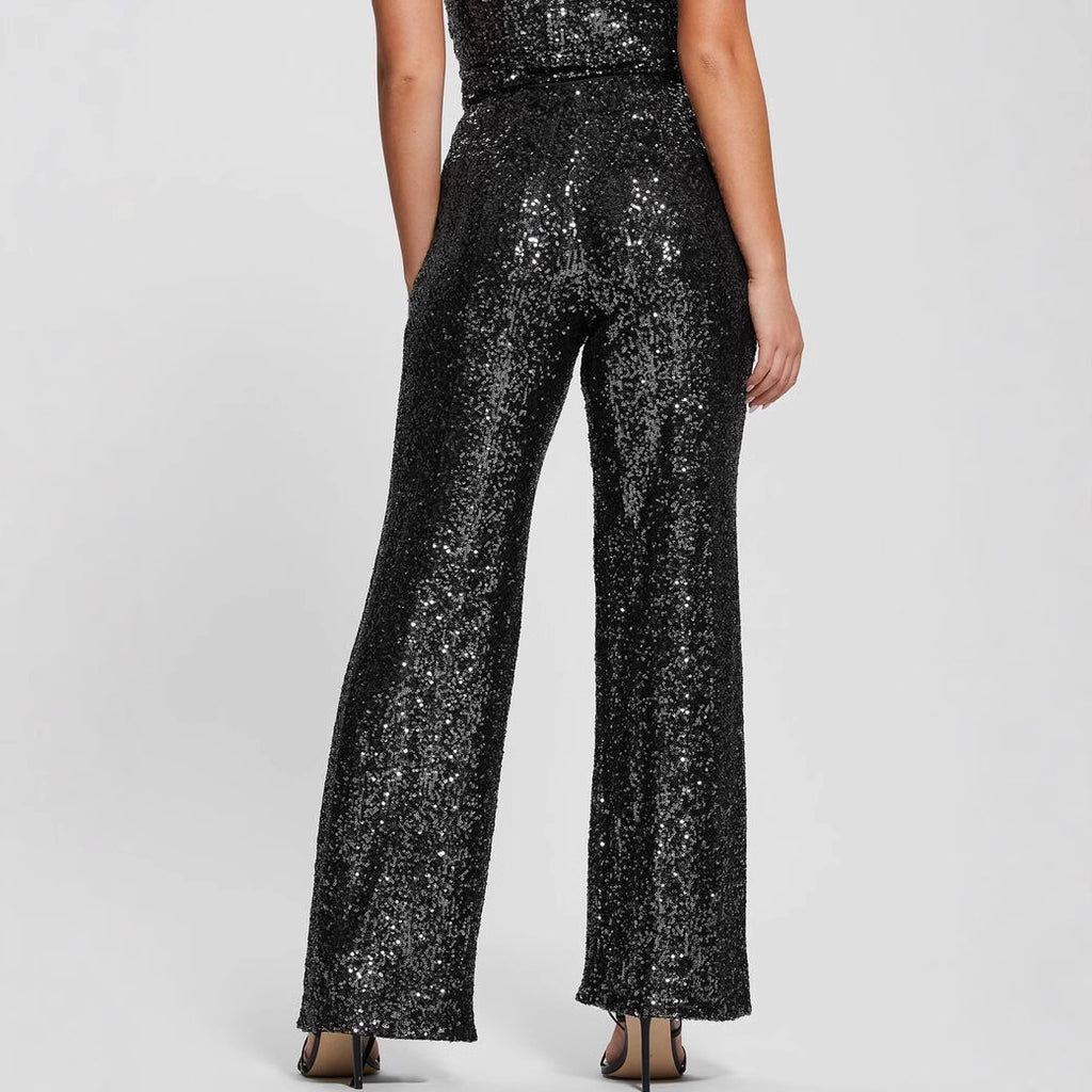 Women's Black Sequin One-Shoulder Wide-Leg Jumpsuit