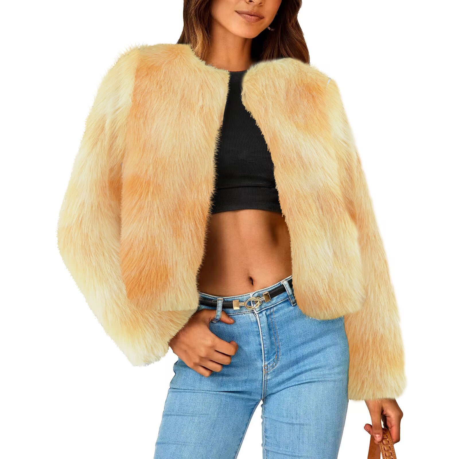 Luxurious Faux Fur Crew Neck Jacket for Autumn and Winter Elegance