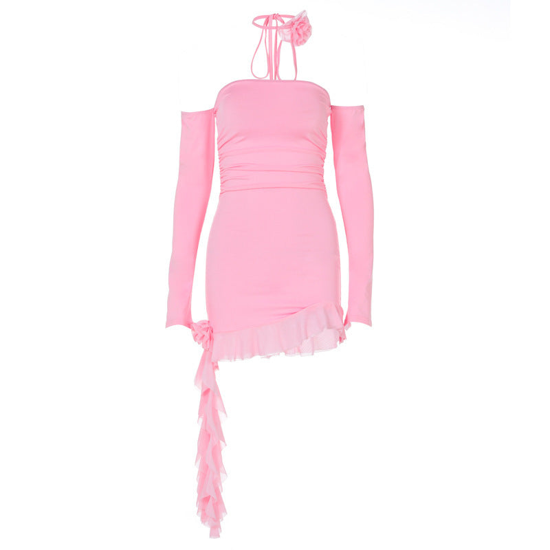 Sleek Off Shoulder Ruffled Tube Top Mini Dress with Asymmetric Hem