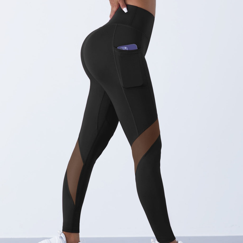 High Waist Mesh Panel Cropped Active Leggings with Side Pocket