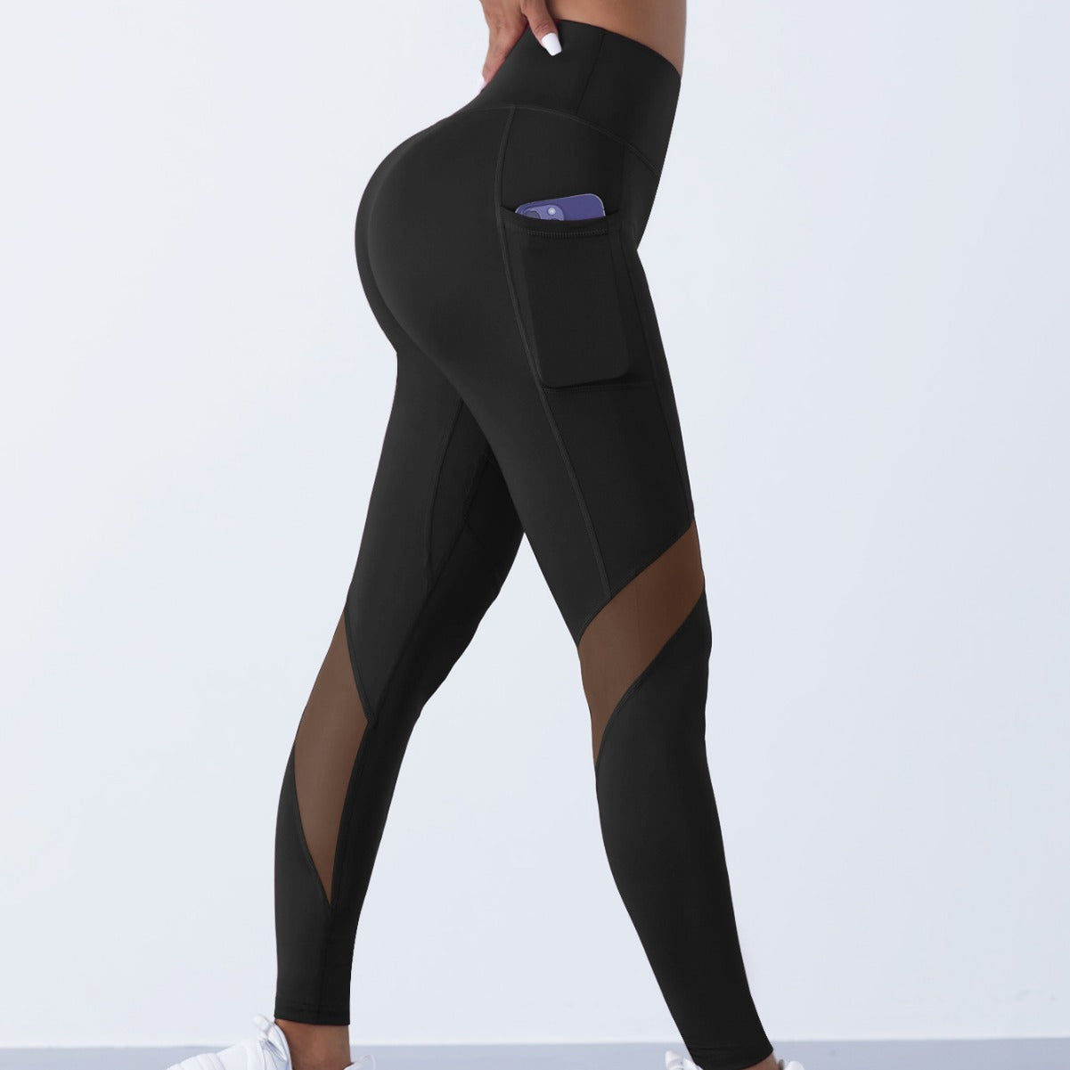 High Waist Mesh Panel Cropped Active Leggings with Side Pocket