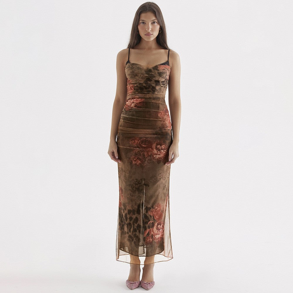 Chic Floral Print Ruched Mesh Spaghetti Strap Maxi Dress with Front Slit