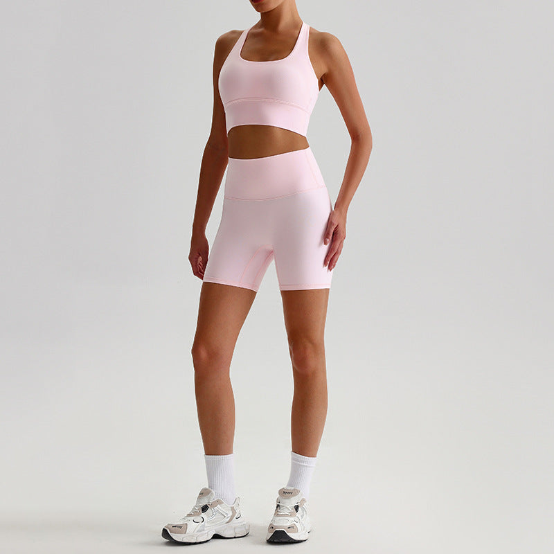 Comfortable Nylon Workout Set with Crop Top and High Waist Cycling Shorts for Women