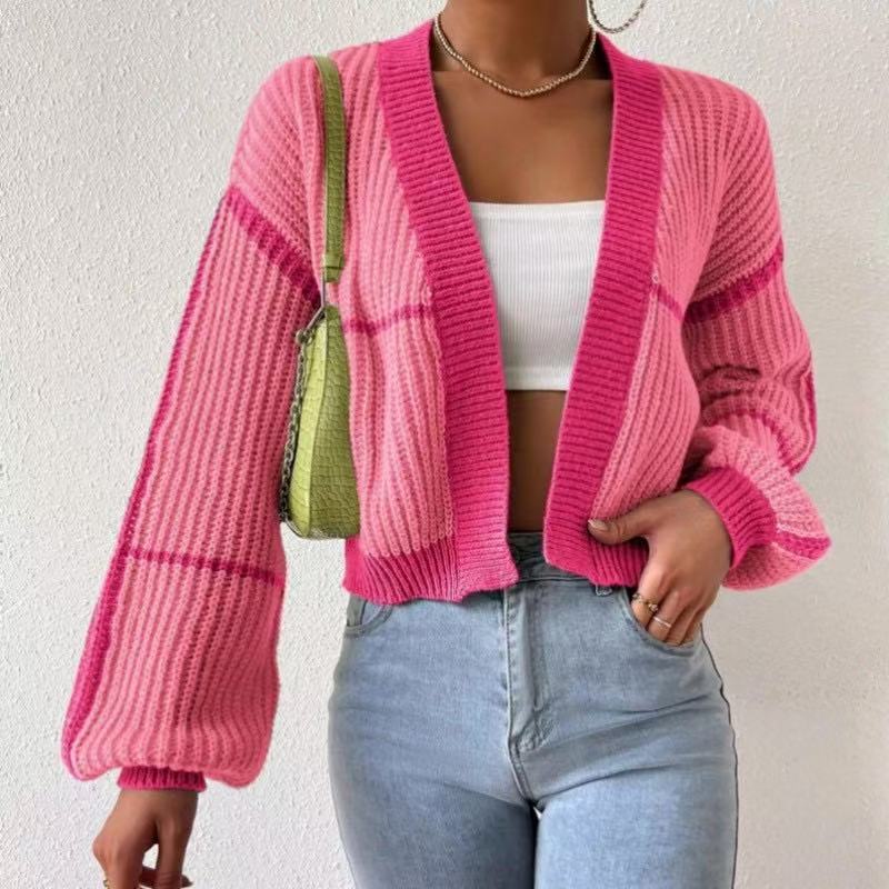 Chic Color Block Striped Knit Cardigan with Relaxed Lantern Sleeves