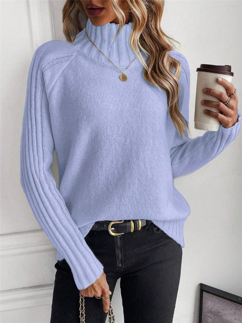 Cozy Knit Turtleneck Pullover Sweater with Elegant Raglan Long Sleeves for Autumn and Winter