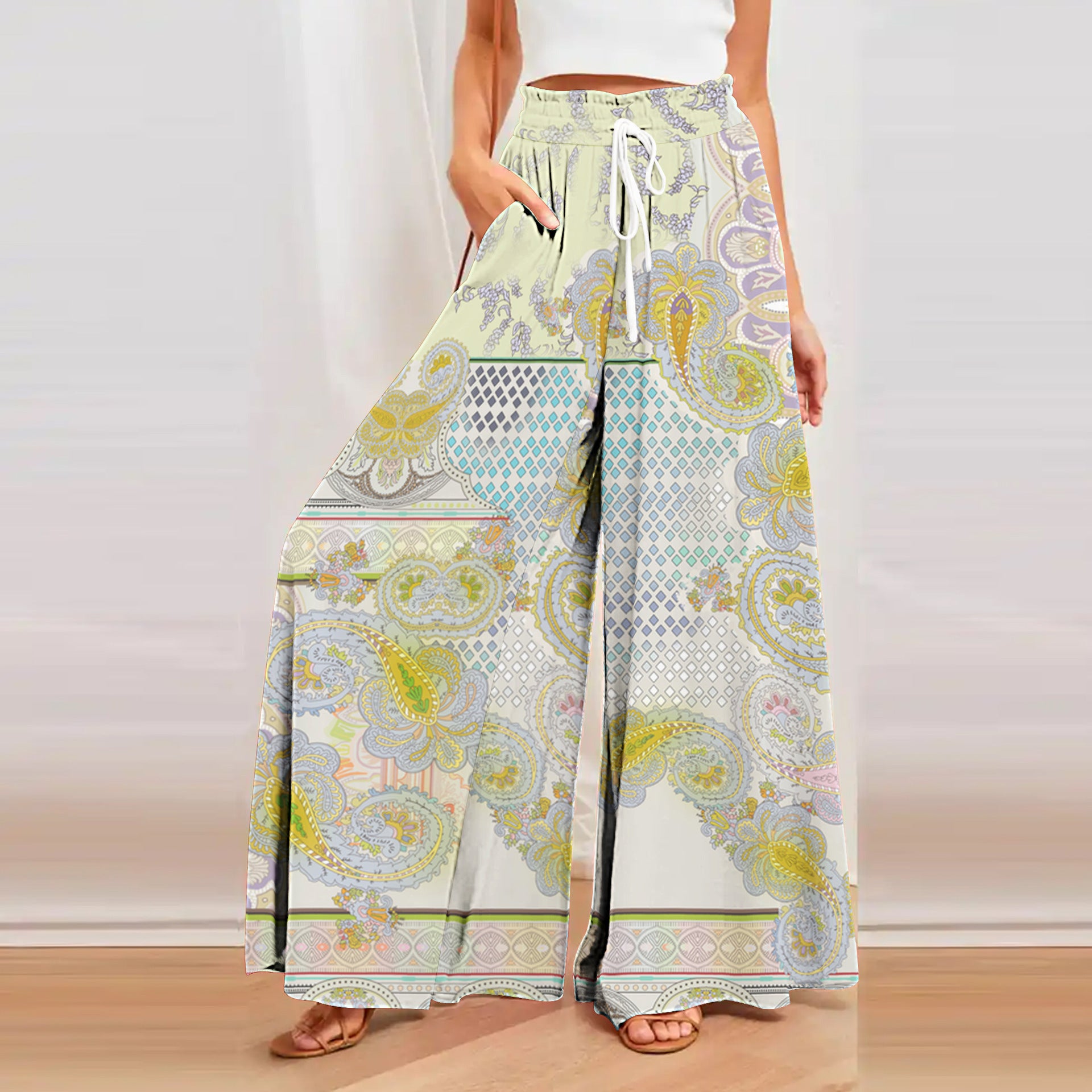 Bohemian Printed Wide Leg Hemp Culottes - Relaxed Fit