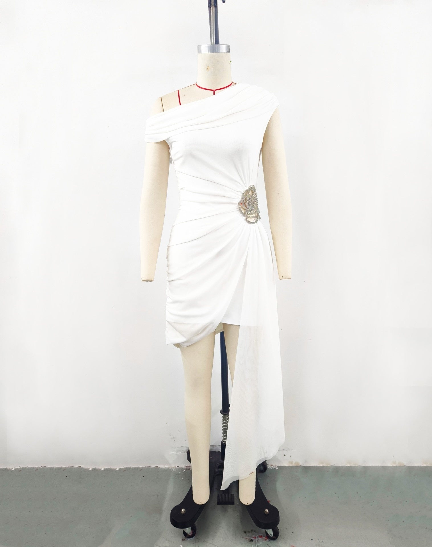 Chic One Shoulder Mesh Bodycon Mini Dress - Ruched Party Ready Style