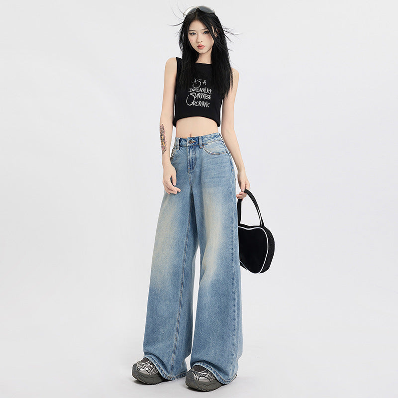 Women's High Waist Retro Loose Wide Leg Jeans - Casual Denim