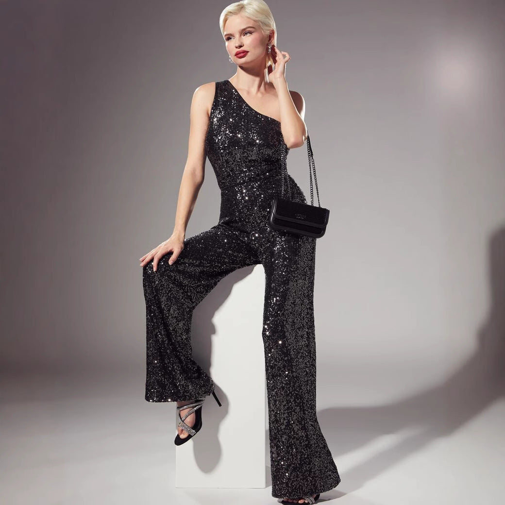 Women's Black Sequin One-Shoulder Wide-Leg Jumpsuit
