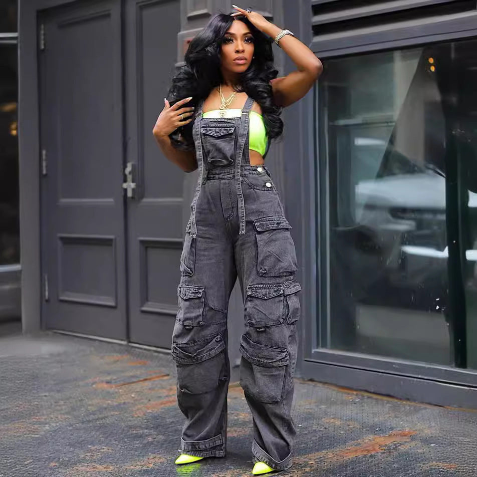 Women's Loose Fit Denim Jumpsuit - Casual Straight Leg