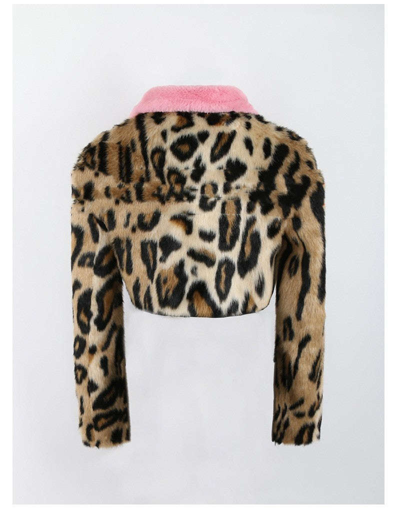 Chic Leopard Print Faux Fur Crop Jacket with Pink Lapel