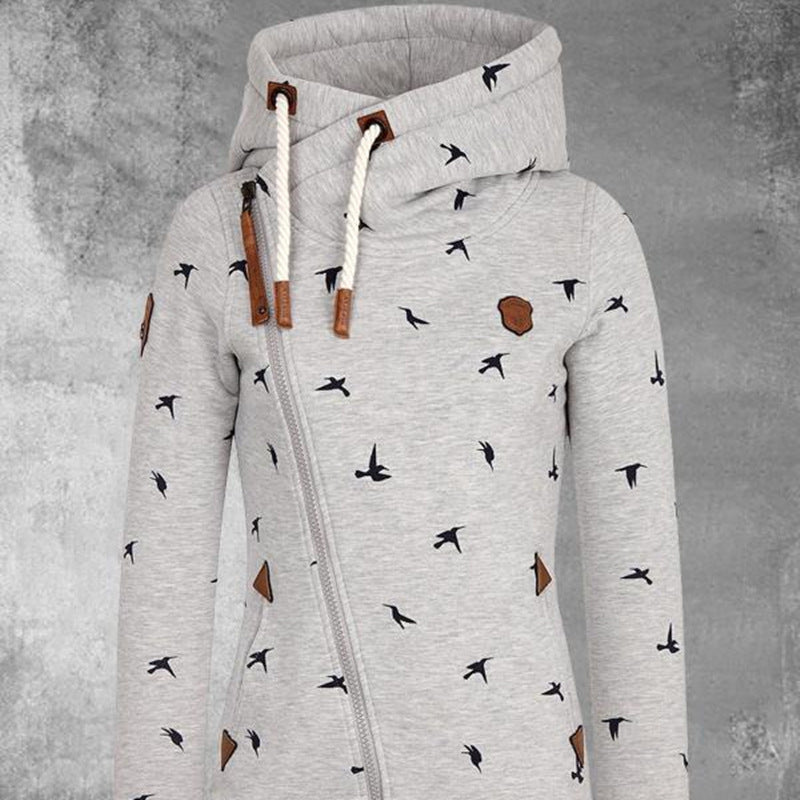 Chic Bird Digital Print Hooded Asymmetrical Zipper Cardigan Jacket with Pockets