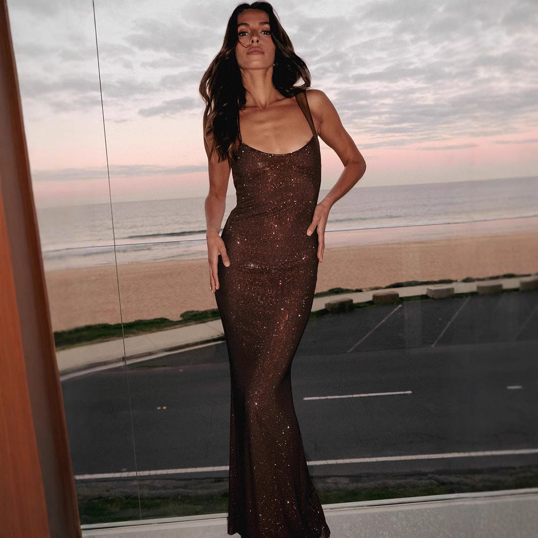 Elegant Brown Rhinestone Maxi Dress | Strappy Evening Gown