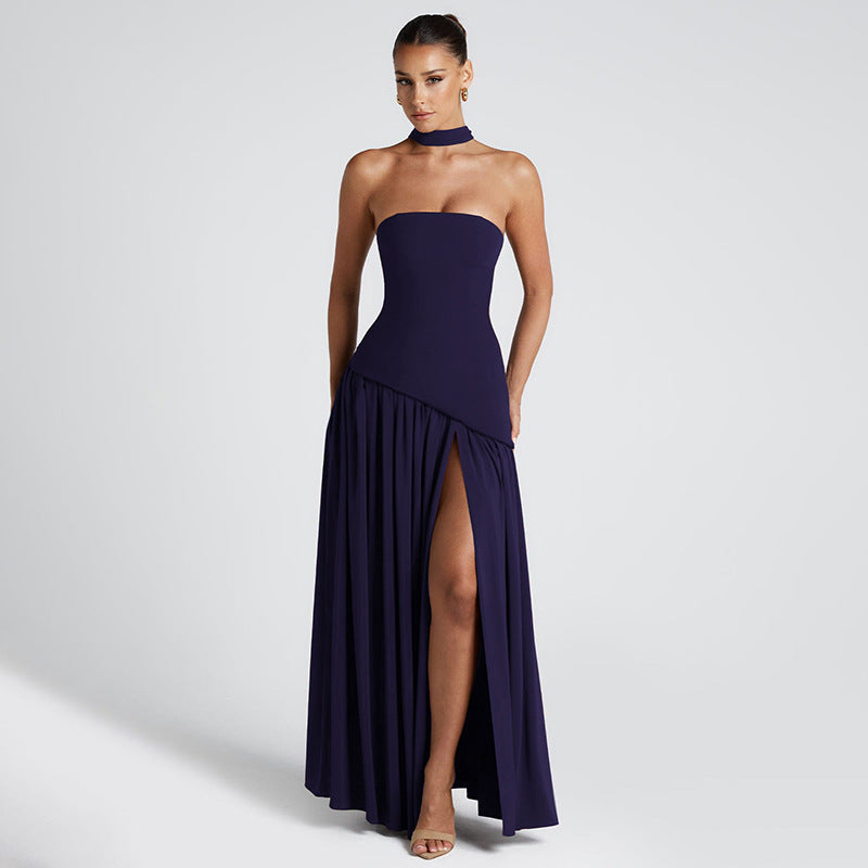 Elegant Strapless Maxi Dress with High Slit and Flowing Ribbon Detail for Special Occasions