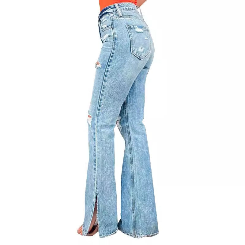 Trendy High Waist Ripped Split Hem Flare Jeans